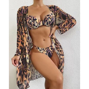 New High Quality Sexy Leopard 3 Piece Bikini Bewachwear With Long Sleeve Cover up Push up Swimsuit Women Side Tie Thong Swimwear