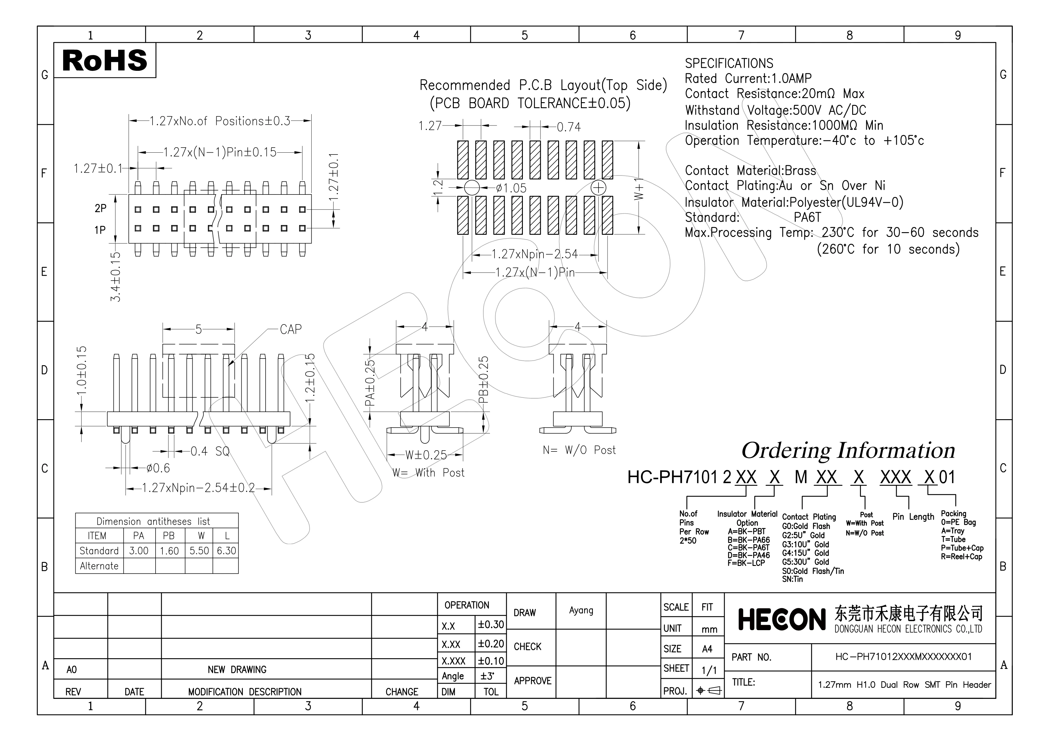 1.27mm Pitch Pin Header Connector Double Row 2x03pin Smt Type W5.5 Pa3