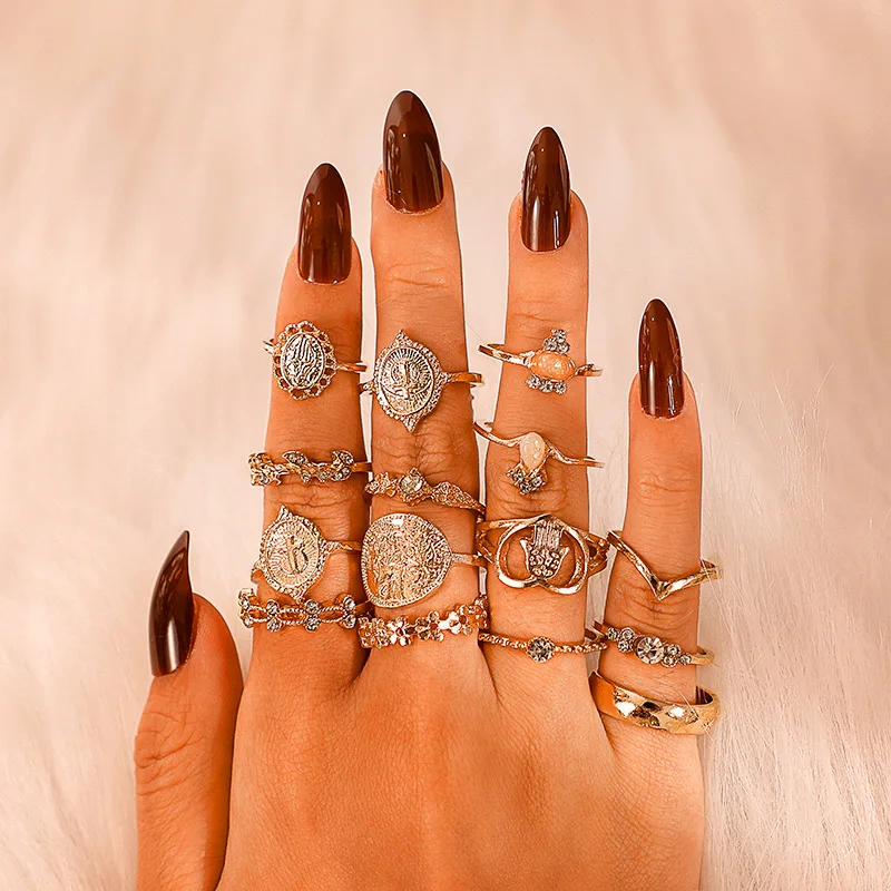 15 Pcs/set Boho Virgin Mary Gold Rings Alloy Jewelry