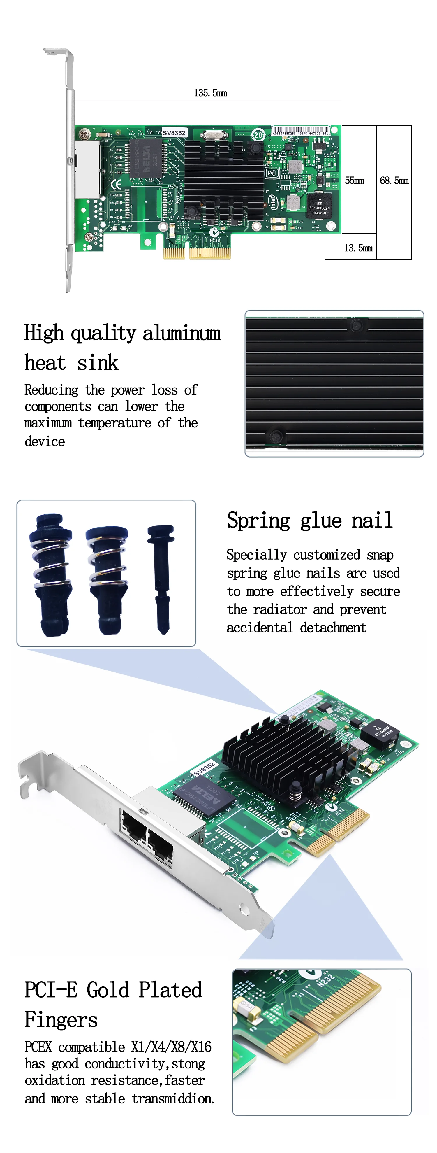 Network Interface Card Sv8352 Pcie V2.1 5.0 Gt/s X4 Lanes I350bt2 ...