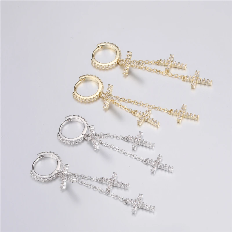 Orecchini a perno a forma di croce in cristallo colorato per donne e ragazze, placcati oro 14 carati, con perline pendenti in stile bohemien, gioielli alla moda, regali, Metallo