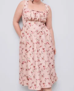 Plus Size Women's Summer Fashion Knee Length Dress Floral Print Sleeveless Square Collar Front 2XL 3XL 4XL Available