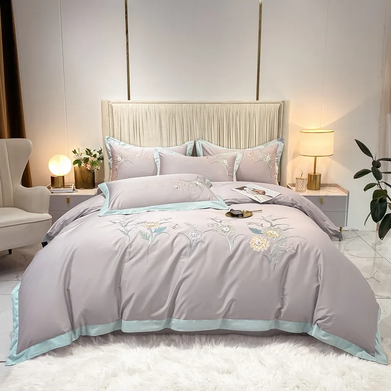 Modern High-End 180 Yarn Count Long Staple Cotton Quilt Cover Set Four-Piece Bedding Set with Plant Flower Embroidery Sheet supplier