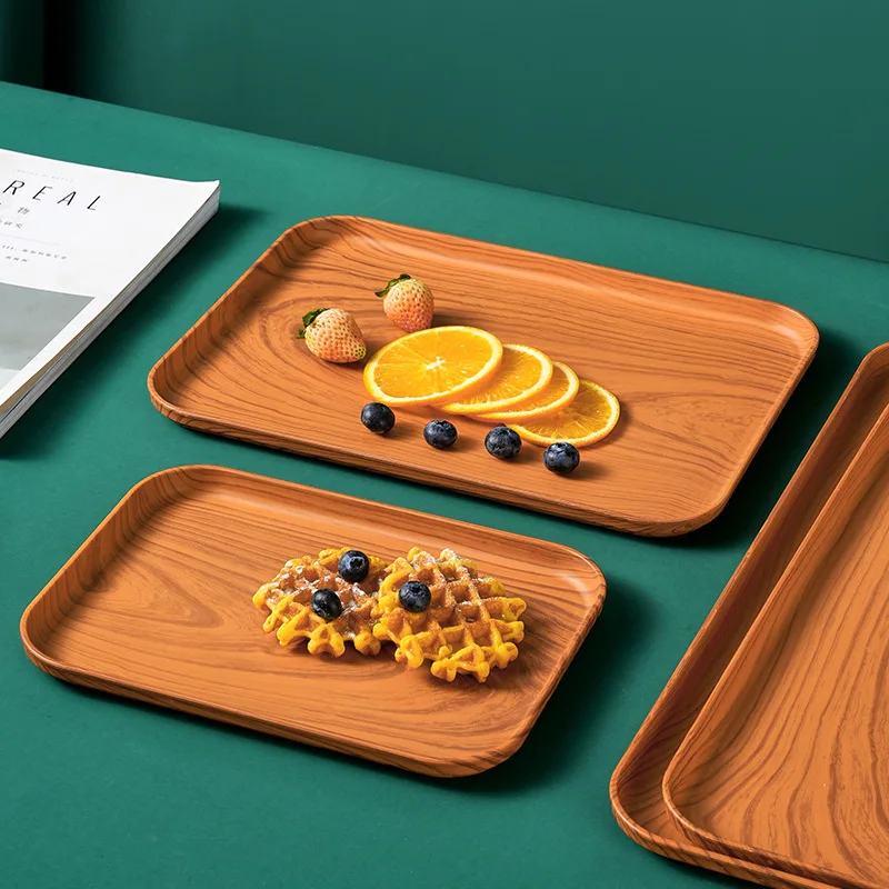 Plateau Rectangulaire en Plastique Blé imitant le Grain de Bois Japonais, Convient aux Restaurants et à la Maison, Style Nordique Luxueux Imitant le Chêne