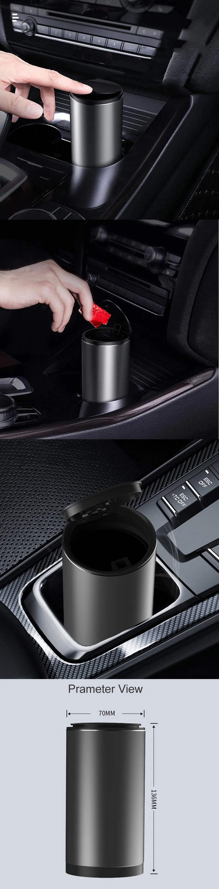 New Design Durable Alloy Aluminum Portable Auto Trash Can Car Rubbish