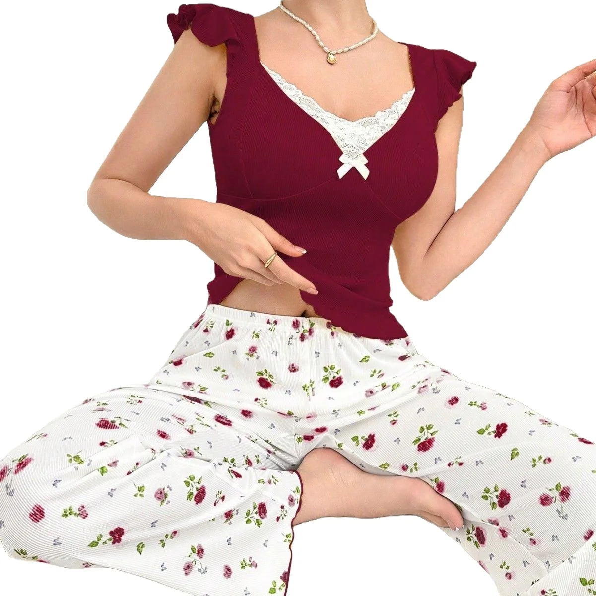 European American Women's Satin Elastic Waist Floral Print Long Pants Ruffled Casual Breathable Ribbed Pajamas