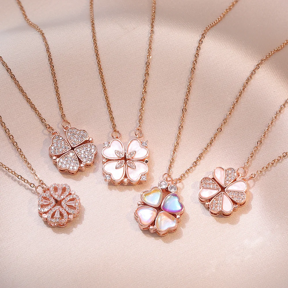 Luxury Gold Zircon Clover Heart Necklace