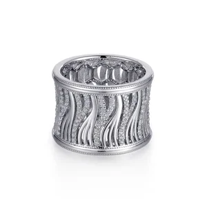 White Gold Diamond Inlaid Finger Ring Wave Line Design Wide Band Ring Women Elegant Jewelry