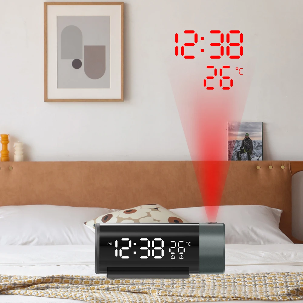 Digital Projection Alarm Clock with Temperature 180 Rotation USB Electronic Table Bedroom Bedside 3D Wall Snooze Alarm Clock