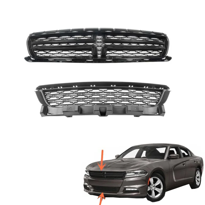 Front Bumper Radiator Upper and lower Grille For 2015-2018 Dodge Charger w/o hole Front grill 68214782AB