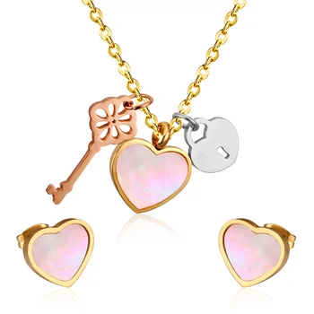 Bridal Jewelry Set Gold Jewelry Set Elegant Heart Key Pendants Necklaces Earrings Set