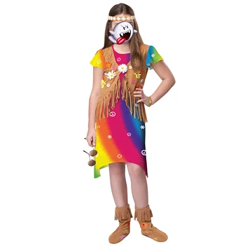Wholesale Costume Carnival party Fancy Hippie Dress Kids Girl Love & Peace 60s 70s Retro Hippie costume for Carnival Party