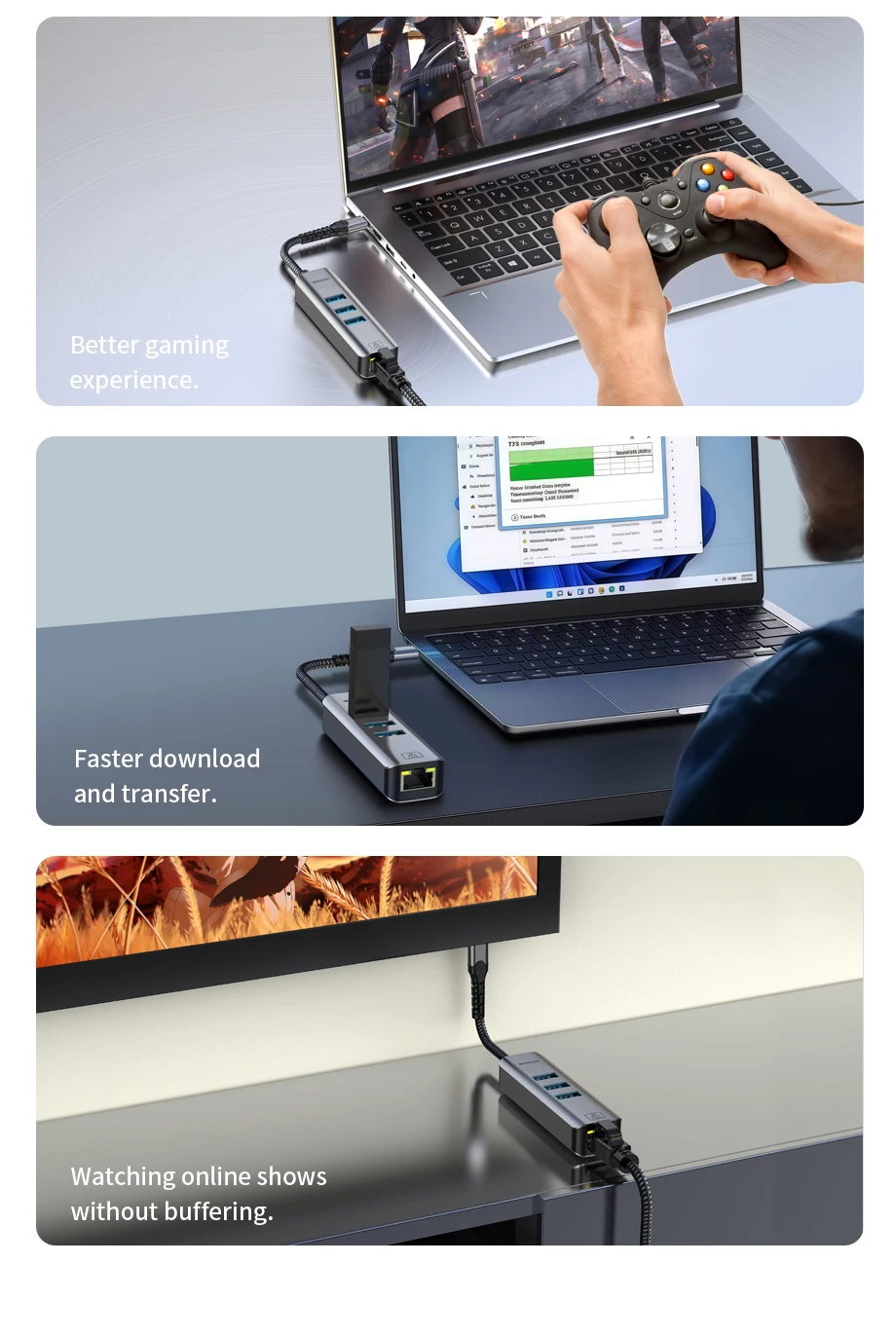 DOONJIEY USB 3.0 Aluminum Alloy Ethernet Adapter with 3-Port Type-C Gigabit Ethernet RJ45 Docking Station in Stock