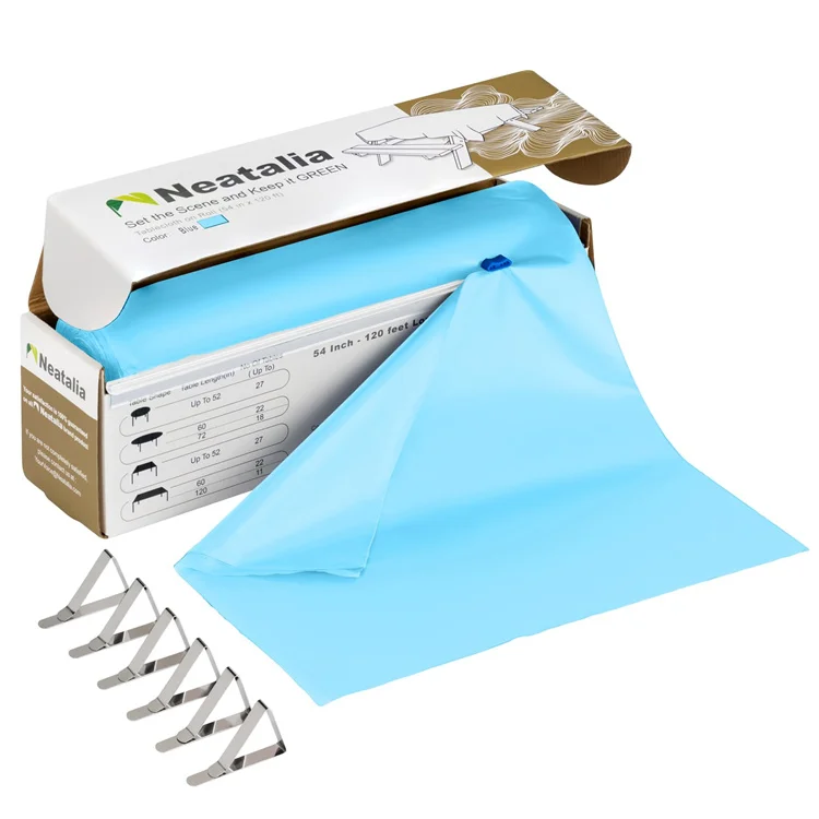 Custom Red Checkered Disposable Plastic Tablecloth Roll with Slide Cutter Plus 6 Metal Table Cover Clips for Any Size Shape