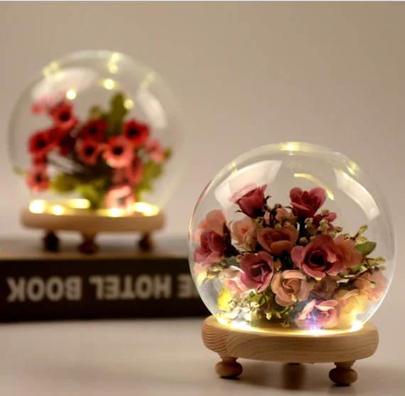 Decorative Clear Led Mini Glass Bell Jar Cloche Dome With Base Wooden and Led Lights