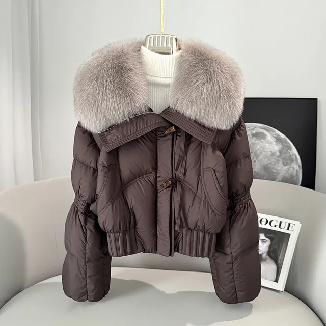 High Quality Fashion Goose Down Jacket Woman Goose Down Feather Luxury Fur Hooded Women'S Puffer Coat Crop