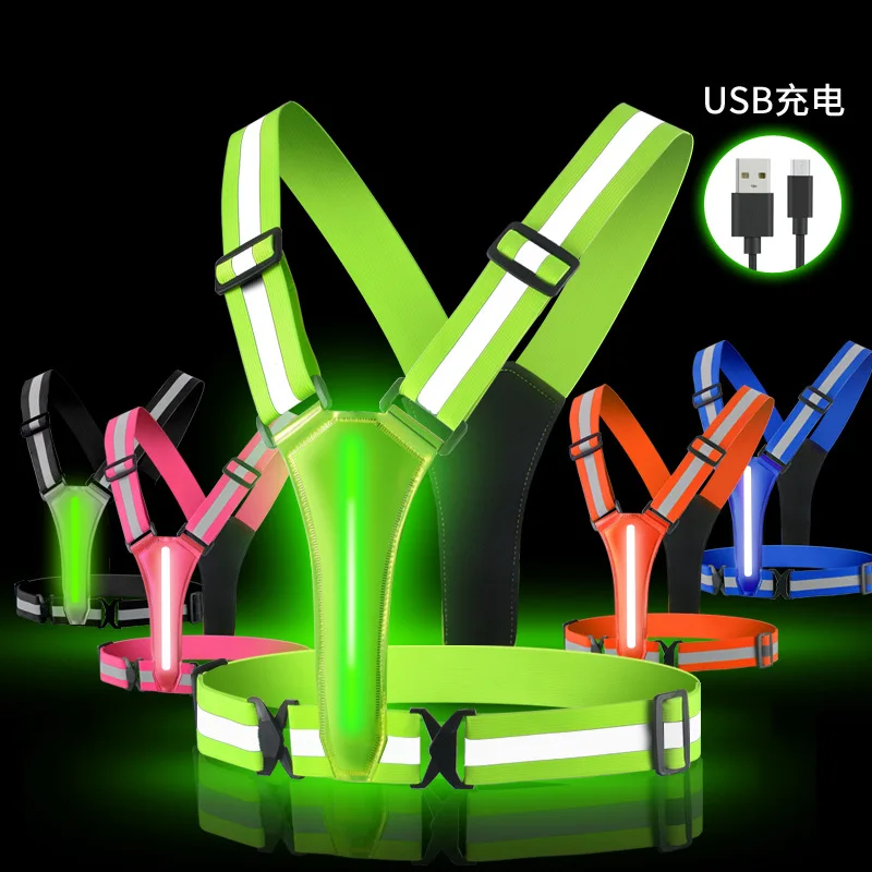 USB Rechargeable LED Light Vest High Visibility Customizable Logo Nylon Polyester Running Gear Jacket Adjustable Reflective