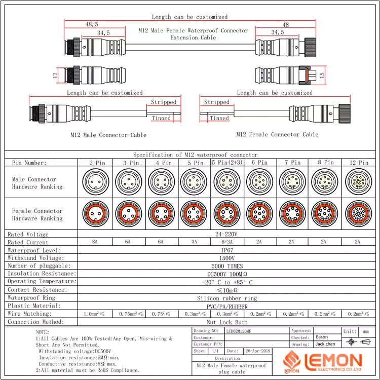 2Pin LED Connector Cable Waterproof IP67 Male Female LED Light Connector 3 4 5 Pin factory