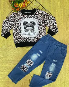 Casual Style Clothes Set Girls Leopard Pattern Tops and Denim Pants Fashion Brands Clothes Set