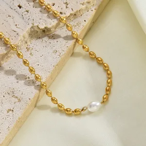 French Fashion Baroque Stainless Steel Versatile Pearl Necklace Simple Design Oval Gold Bean Bamboo Chain Sporty Women's