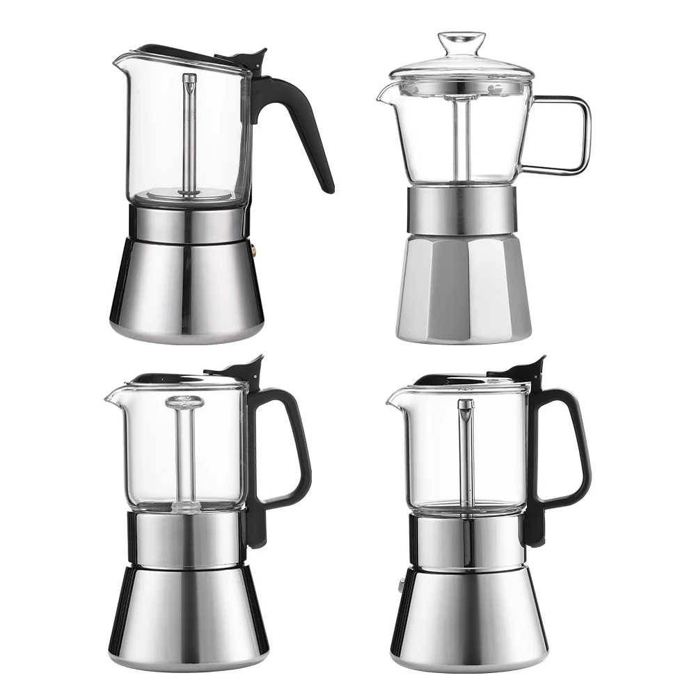 Premium Crystal Glasstop Stovetop Espresso Moka Pot Glass Stainless Steel Italian Espresso