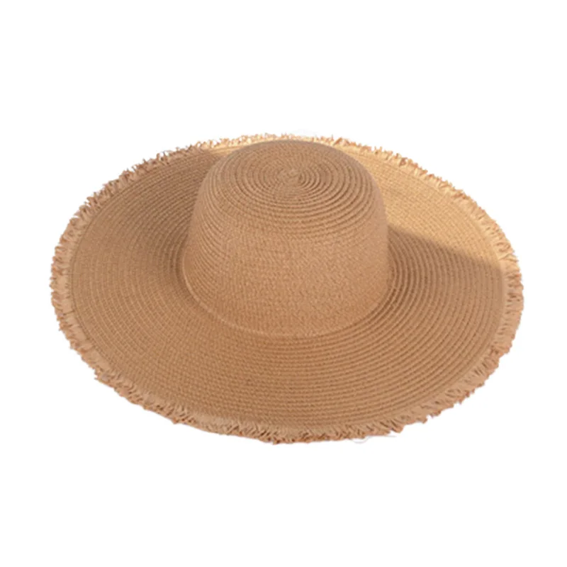 Summer Woman Straw Hat Solid Color Wide Brim Dome Sun Hat Fringe Beach Cap Foldable