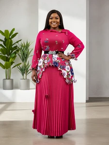 Miyaki European-style Plus-size Women's Casual Suit Dress Two-piece Set with Pleated Printed Fashionable Top and Long Skirt