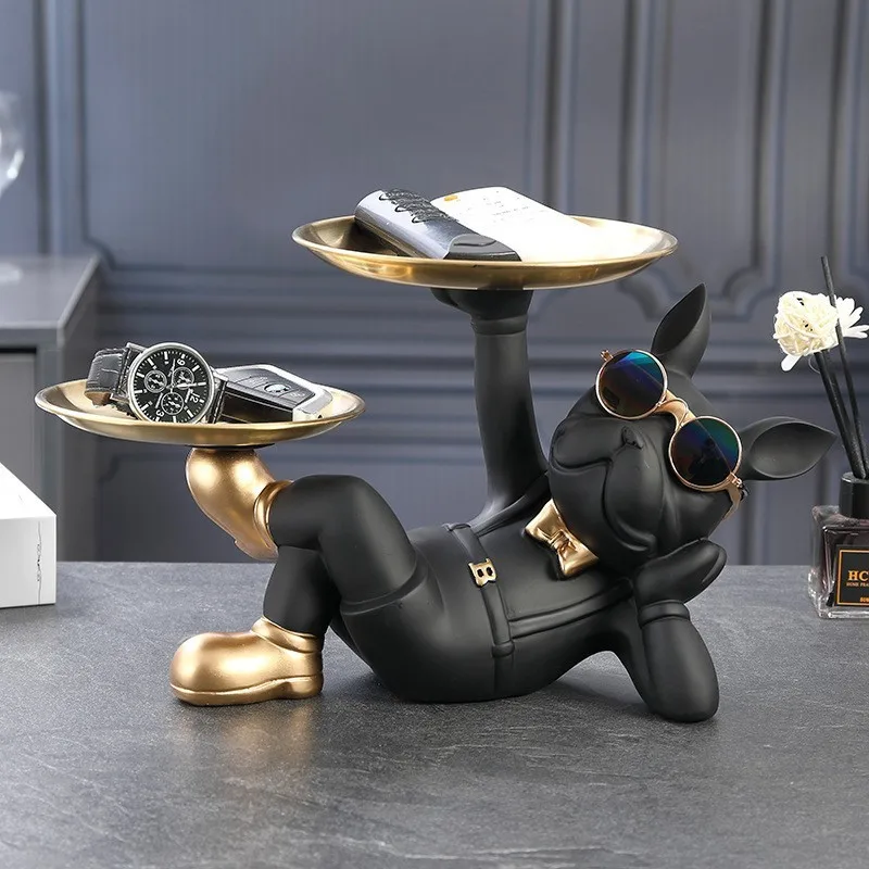 Resin Bulldog Statue with Two Storage Trays Dog Butler Home Decor Sculpture Key Dish for Entryway Table