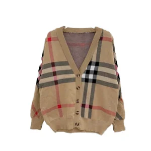 Winter Sweet Oversize Classic Cardigan Single Breasted Sweater Knitted Breathable Ribbing V Neck Long Sleeve Plaid Plus Size
