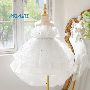 Girls' Performance Skirts with Floral Decoration Fashionable Summer O-Neck Trailing Veil Dress for Casual Style