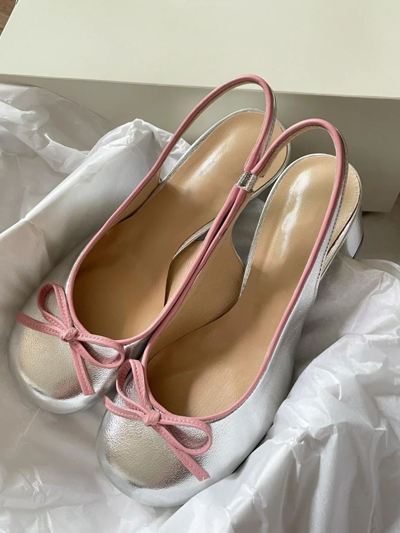 Fashion Ladies Sheep Leather Silver Slingback Pumps Round Toe Elegant Chunky Heels Women High Heels - Image 6