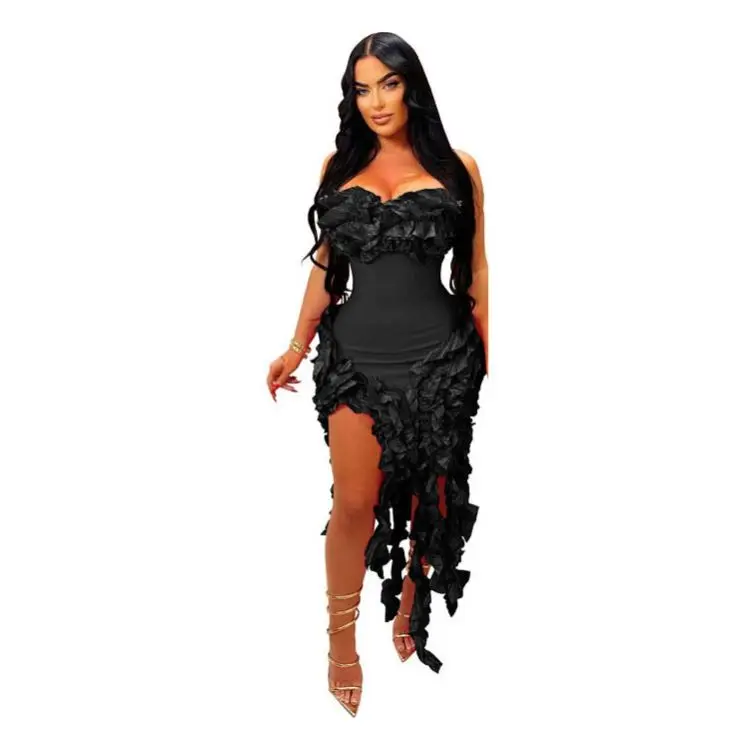Spring 2024 African Women s Clothing Sexy Strapless Tassel Solid Color Mini Party Evening Dress