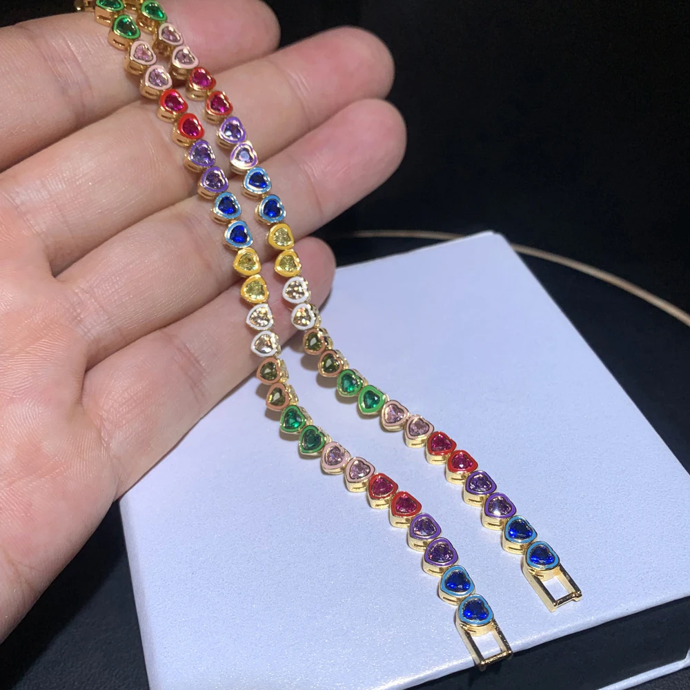 Gradient Ramp Colorful Bezel Heart Tennis Bracelet 5A CZ Gold Plated Women Fashion Rainbow Jewelry