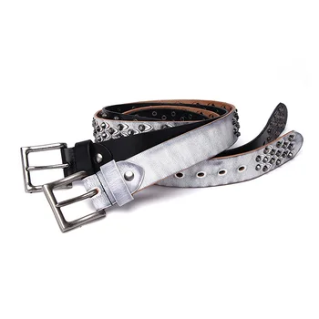 Rock Style Unique Nature Cowhide Leather Alloy Buckle Leather Belt with Punk Metal Rivet for Jeans Jacket