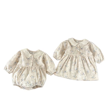 Ins Baby Dresses 2025 Spring and Autumn New Baby Bodysuit Sweet Cute and Princess Floral Outdoors Sisters Outfit