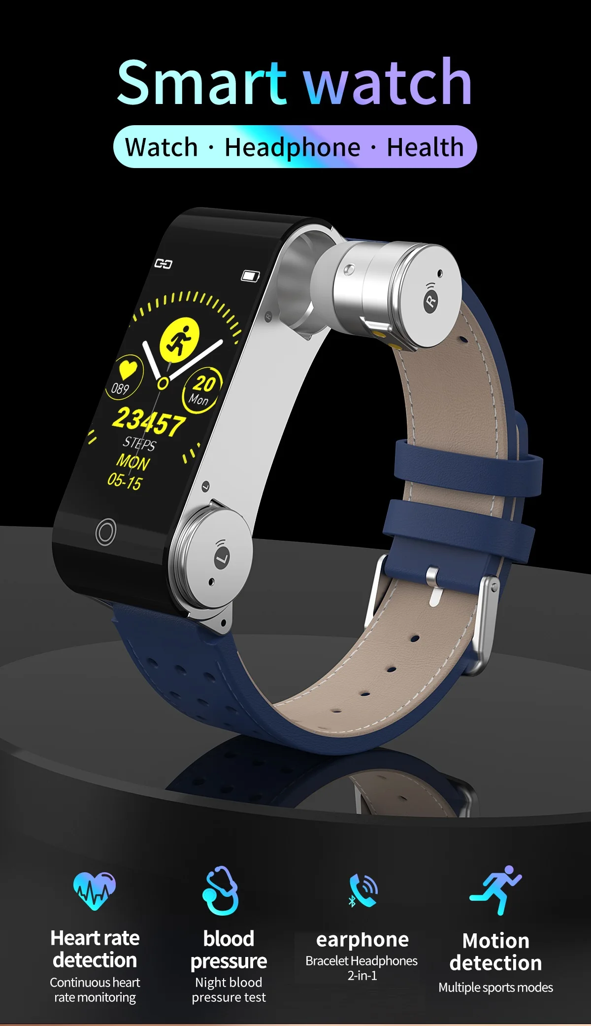 Auriculares 2 En 1 Con Banda,Auriculares Inalámbricos Para  Música,Deportes,Ejercicio,Correr,Reloj Inteligente De Salud - Buy Ver  Auriculares Con Reloj,Auriculares Reloj,Reloj Con Auriculares Product on  Alibaba.com