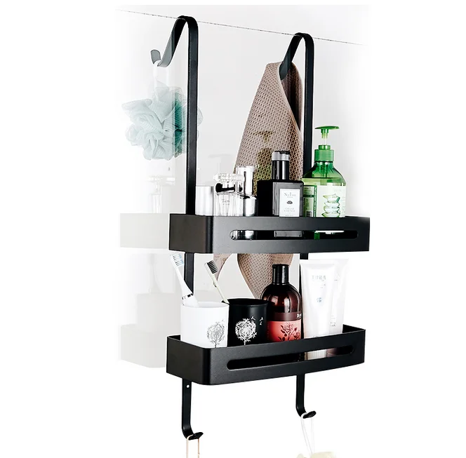 2-Tier Black Bathroom Hanging Shower Caddy Over The Door Aluminum Shower Organizer Shelf with Hook and Basket