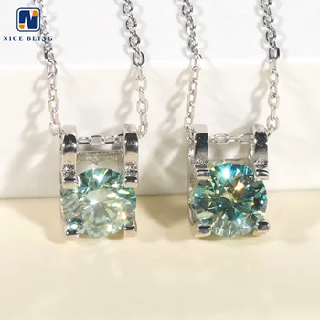 Cheap price 18k gold plated unisex solitaire necklace 1ct blue green moissanite diamond necklace women fashion silver jewelry