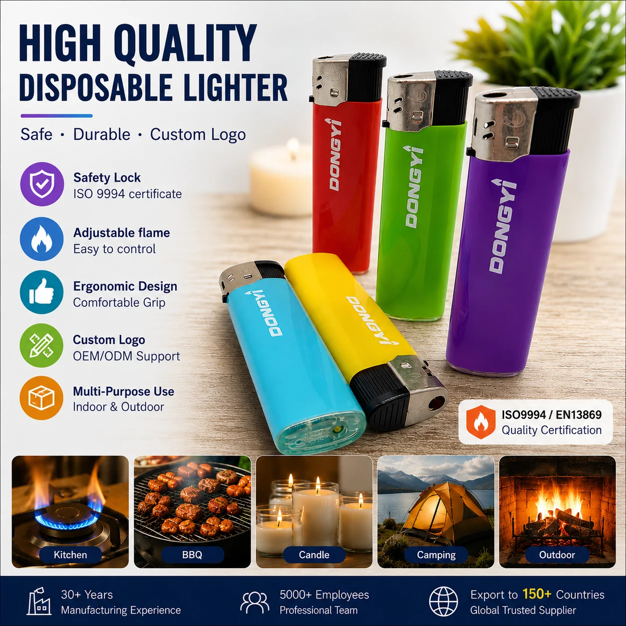 ISO9994 BSCI FSC Refillable Butane Gas Cigarette Lighter Portable Plastic Modern Camping Lighter Briquette Encendedores