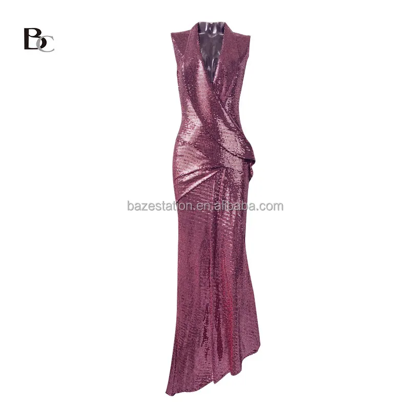 High-quality Tailor Premium Luxury Boutique Deep V-neck Pleated Diagonal Slit Floor-length Hemline Evening Premium Dress Women