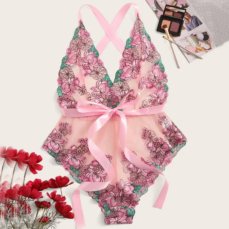 Womens Sexy Underwear Mesh Flower Embroidery Satin Bow Belt Plus Size Sexy Lingerie Bodysuit for Fat Girls