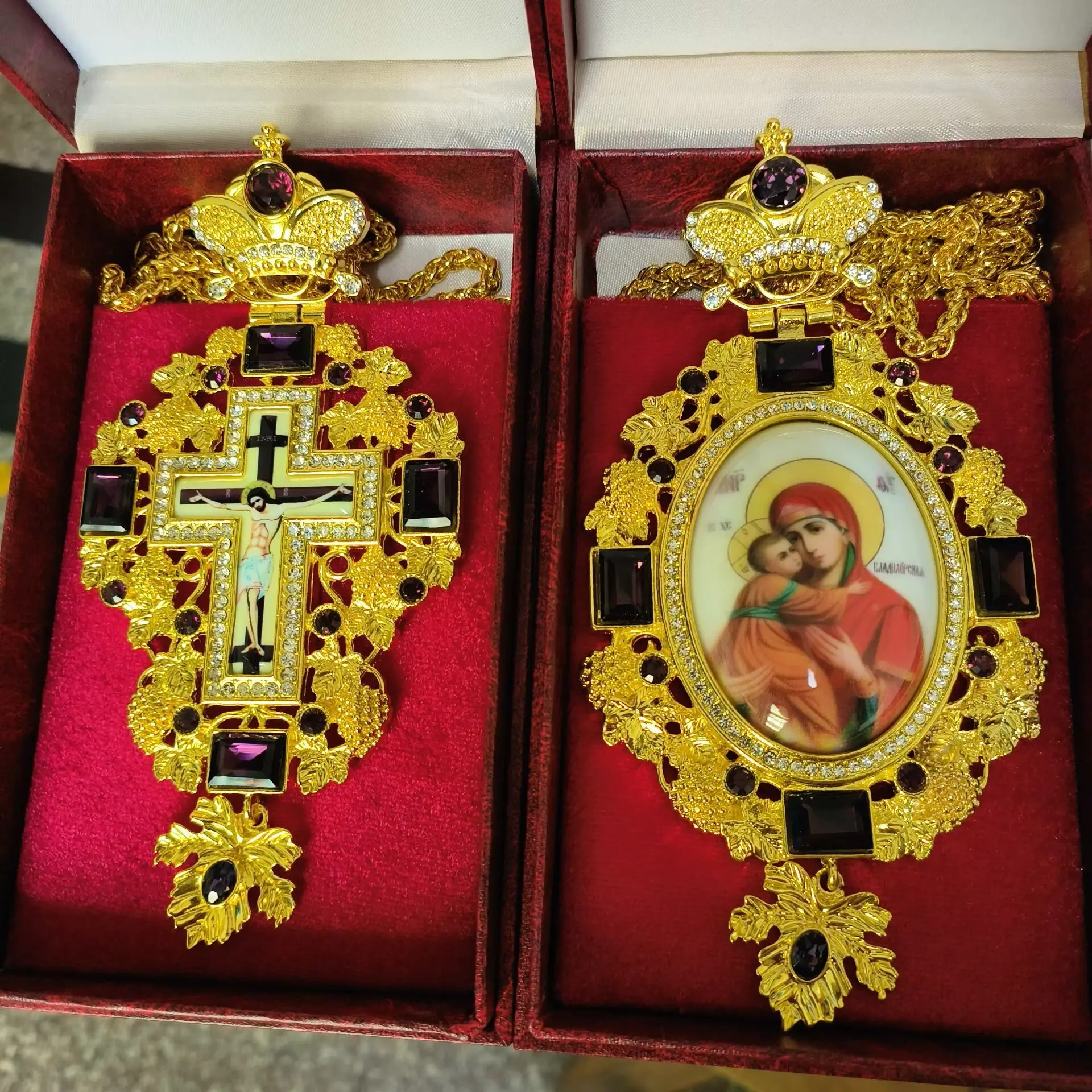 ZD052 Greek Spiritual Gift Box Packing Orthodox  Pectoral Cross and Panagia Gold Plated Necklace Grape Vine Design