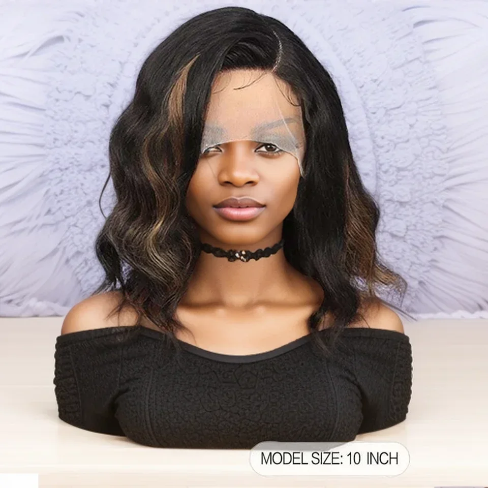 Hochdichte, gemischte Farben, Bob-Perücke mit gewelltem Echthaar, 13 x 5 x 1 Zoll, T-Teil, transparente Spitze vorne, vorgezupft für Frauen_voghion.com
