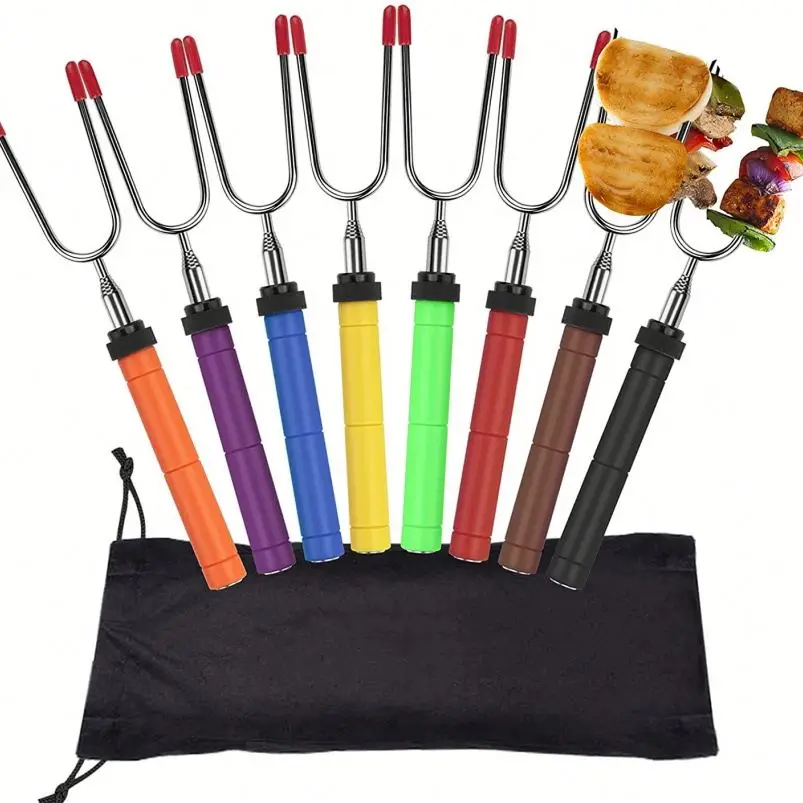 BBQ Forks Stainless Steel Smore Skewers With Wooden Handle Telescoping Smores Roasting Sticks for Fire Pit