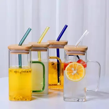 Hot sale square glass cups with bamboo lid and straw