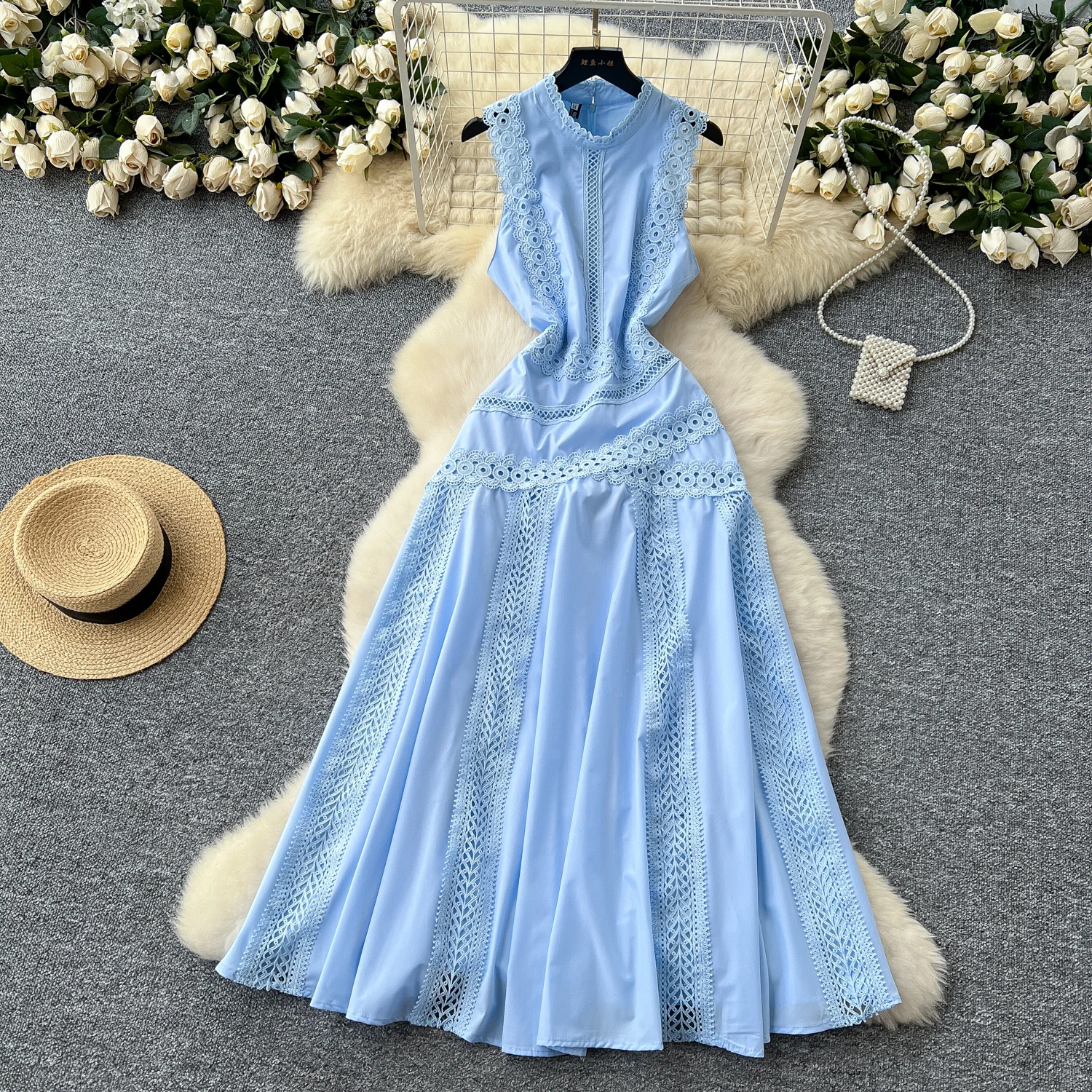 Ladies Clothes Sleeveless Lace Panel Dress Women'S Hollow-Out Long Dresses Women Lady Elegant Casual Dresses Ladies Clothes Sleeveless Lace Panel Dress Women'S Hollow-Out Long Dresses Women Lady Elegant Casual Dresses
