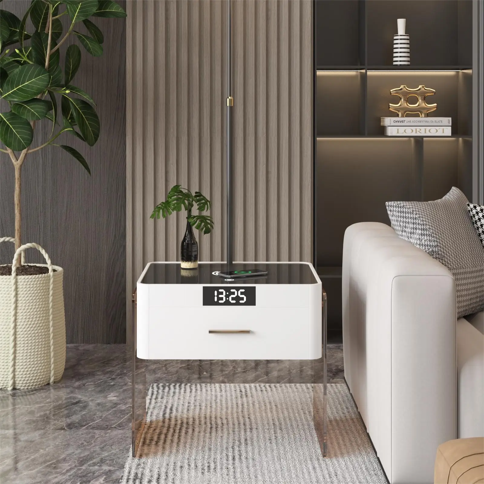 VASAGLE Smart Fingerprint Lock Bedside Table with LED Touch Light Bluetooth Speaker Bedroom Wireless Charging Nightstand