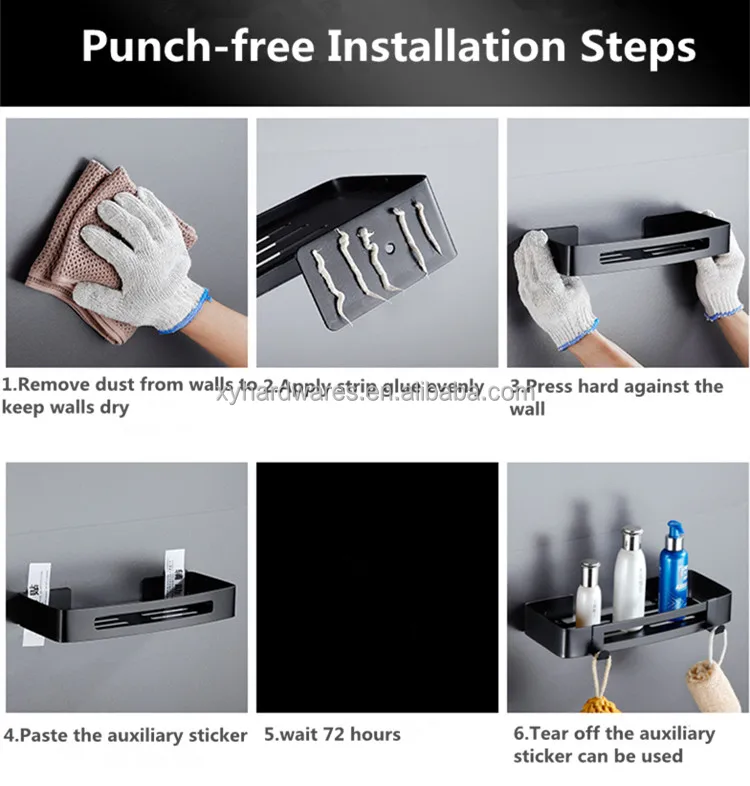 Stainless Steel Matt Black Bathroom Corner Basket Storage With Hooks