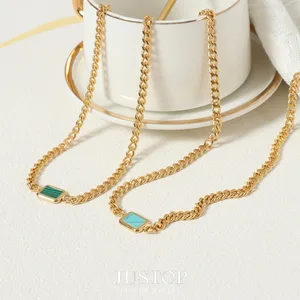 Women's Vintage Cuban Chain Link Necklace 18K Gold Plated Stainless Steel Turquoise Stone Square-shaped Charm for Party Fashion