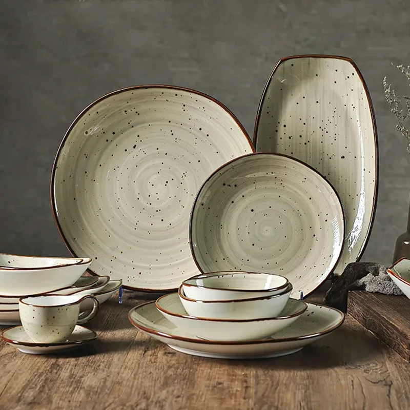 New Style 24pcs Tableware Porcelain Retro Color Reactive Glaze Crockery Restaurant Home Plates Set Dinnerware Ceramic Dinner Set